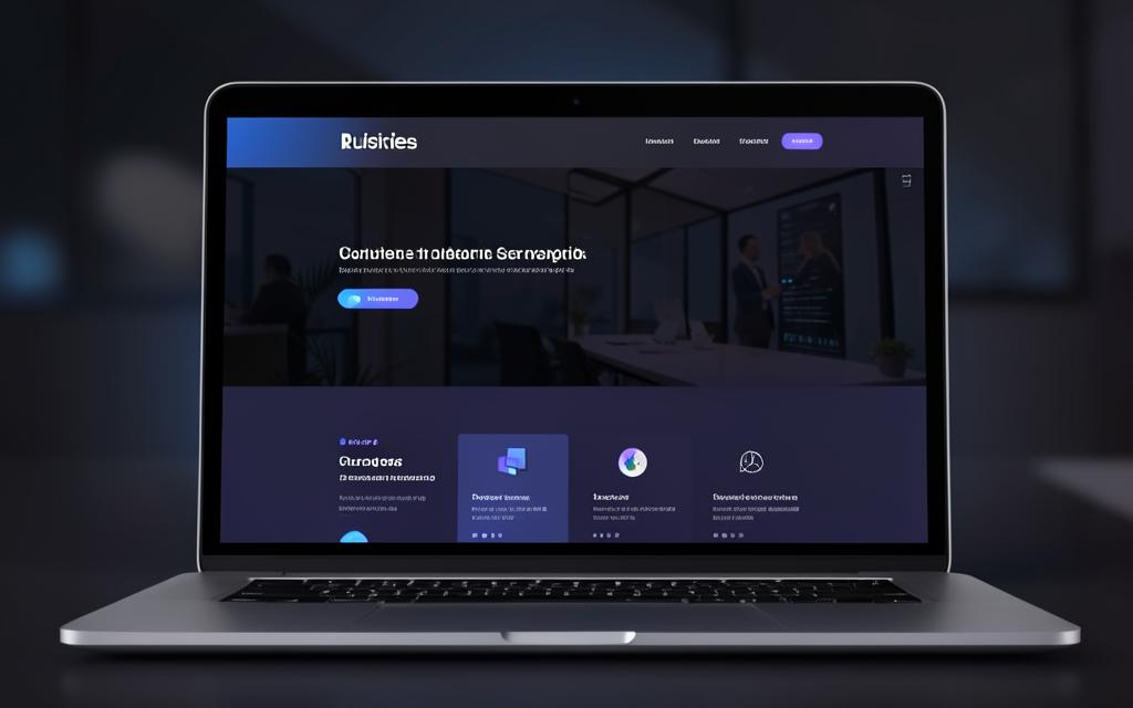 Dark themed business website homepage design shown on a laptop