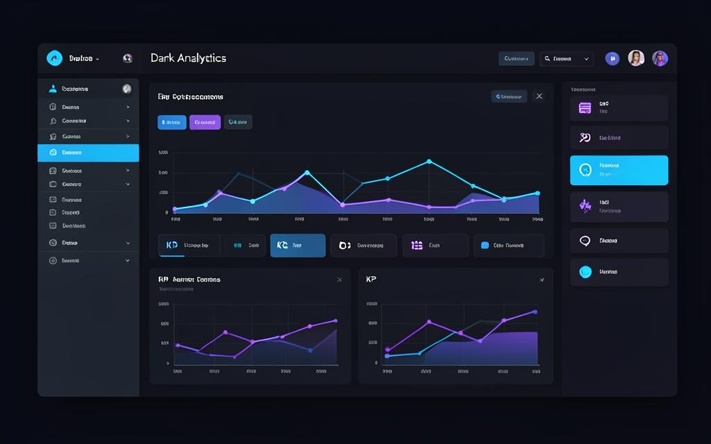 Analytics dashboard interface with charts and KPI cards on a dark background