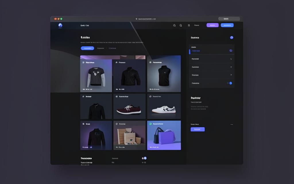 Dark e-commerce store interface with a product grid and shopping cart panel